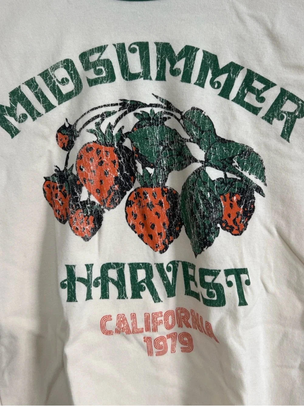 Urban Outfitters Cream Ringer Tee with Green Trim and Strawberry Graphic - Picture 2 of 4